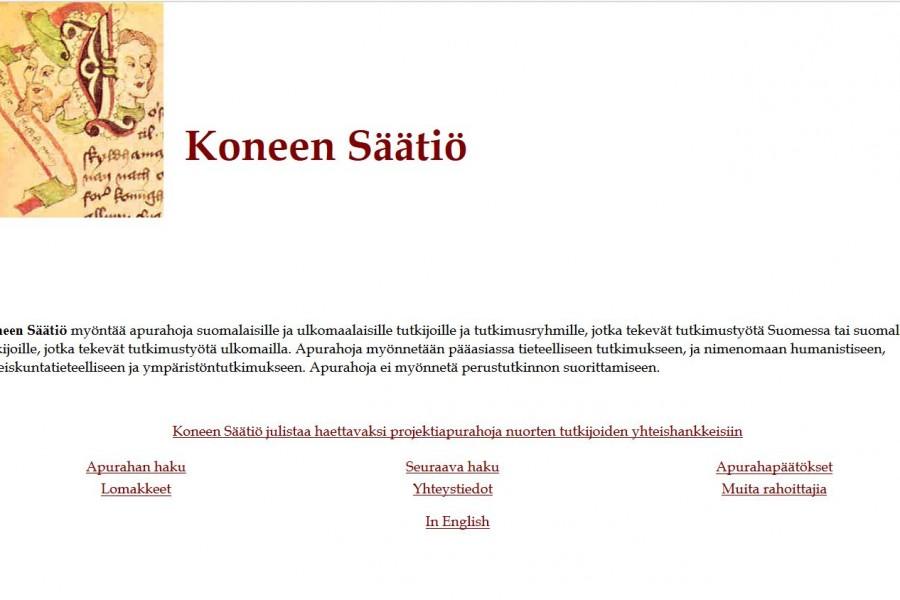 Hanna Nurminen teki itse säätiön ensimmäiset verkkosivut. Oppia hän haki kurssilta ja pergamenttia markkeeraavan taustavärin (joka ei valitettavasti näy kuvakaappauksessa) kopioi amerikkalaiselta sivustolta.