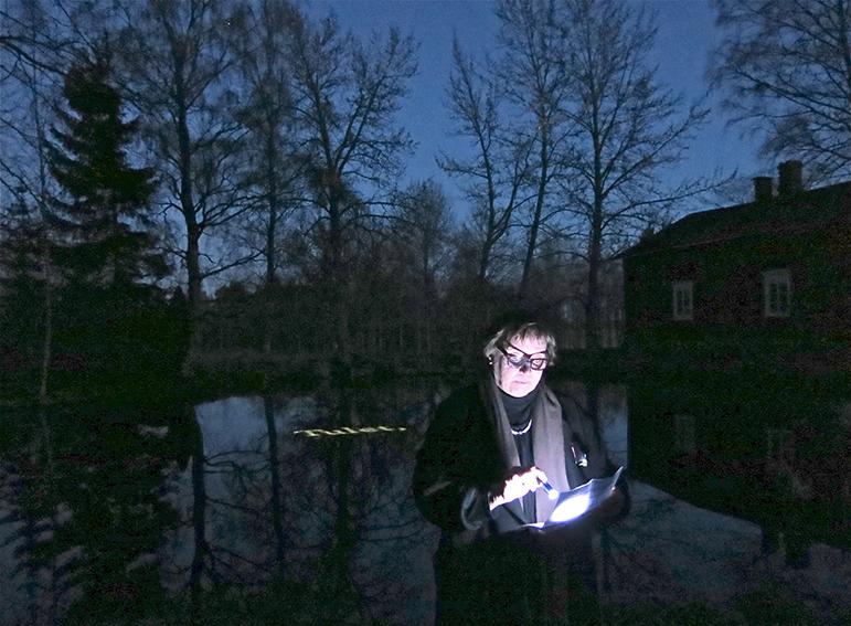 Saaren kartanon toiminnanjohtaja Hanna Nurminen kiitti Jaakko Niemelää upeasta valotaideteoksesta. Kuva: Helena Hietanen
